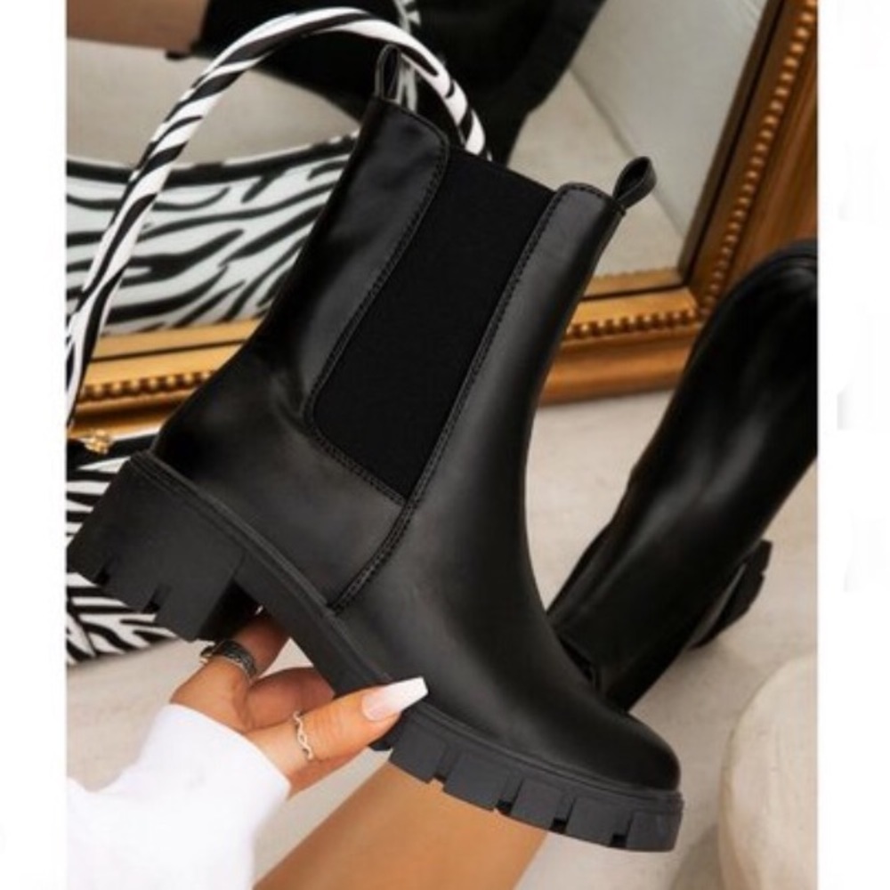 Black Pull On Lug Sole Chelsea Boots